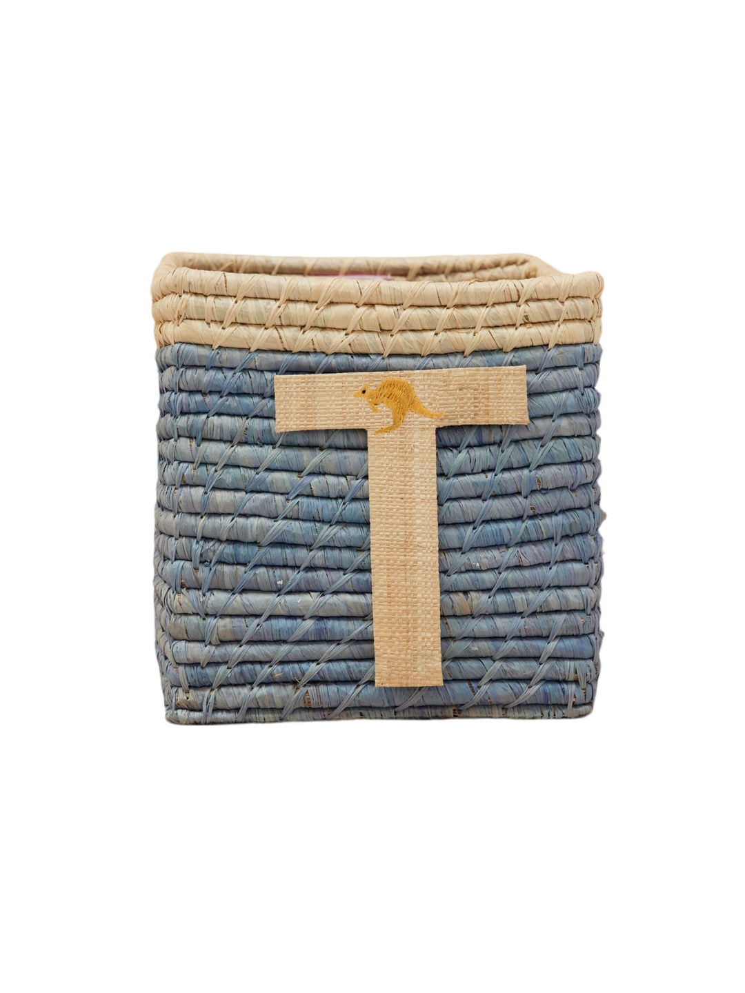 Raffia Basket in Blue with Nature Border with One Raffia Letter - T - Rice By Rice