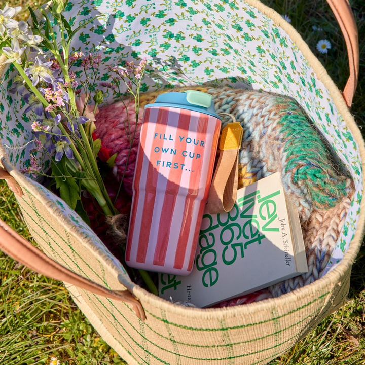Stainless Steel Thermo Cup - Pink - Organic Stripes Print - Rice By Rice