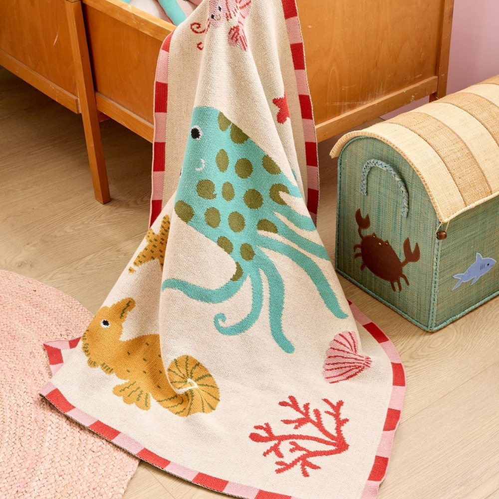 Cotton Baby Blanket - Coral - Ocean Design - Rice By Rice