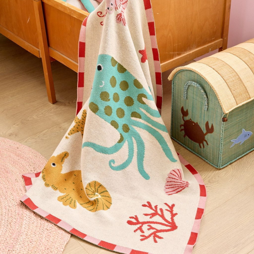 Cotton Baby Blanket - Coral - Ocean Design - Rice By Rice