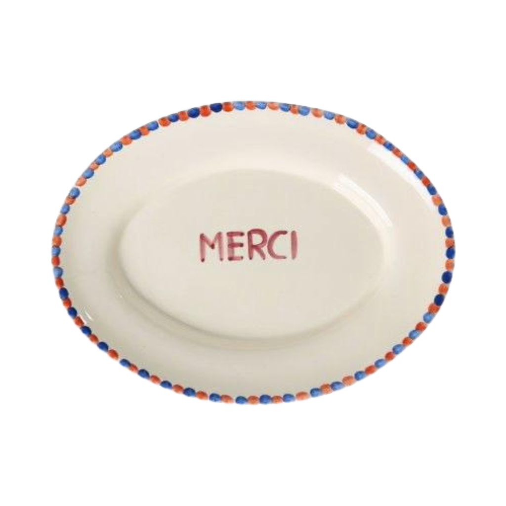 Ceramic Serving Platter with Hand-painted MERCI - Medium - Rice By Rice