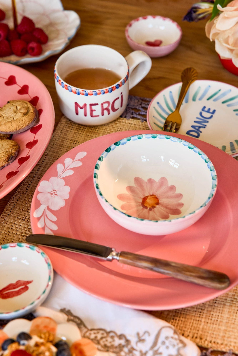 Ceramic Bowl with Hand Painted Soft Pink Flower - 11.8 oz - Rice By Rice