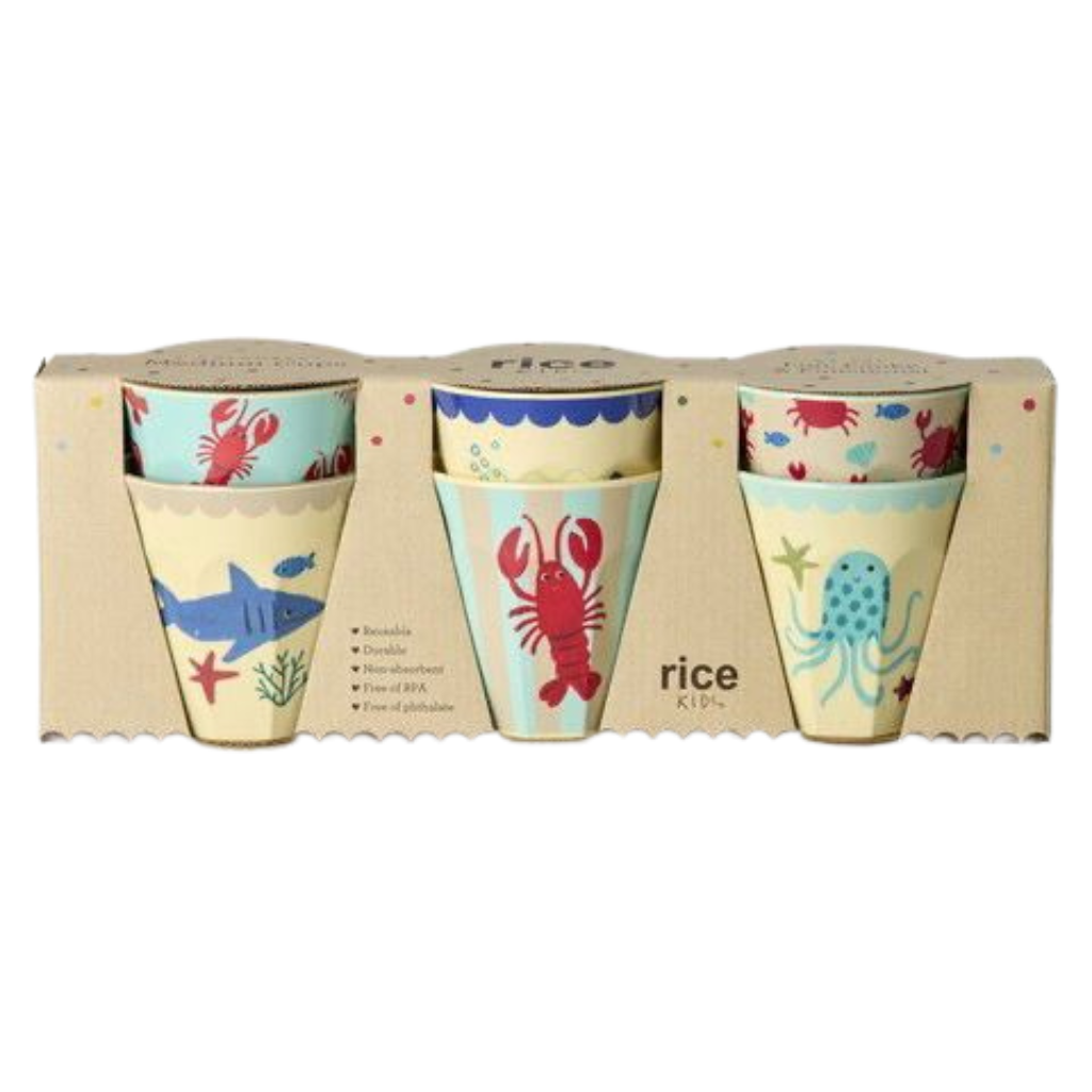 Melamine Cups with Blue Ocean Prints - Medium - 6 Pack - 8.45 oz - Rice By Rice
