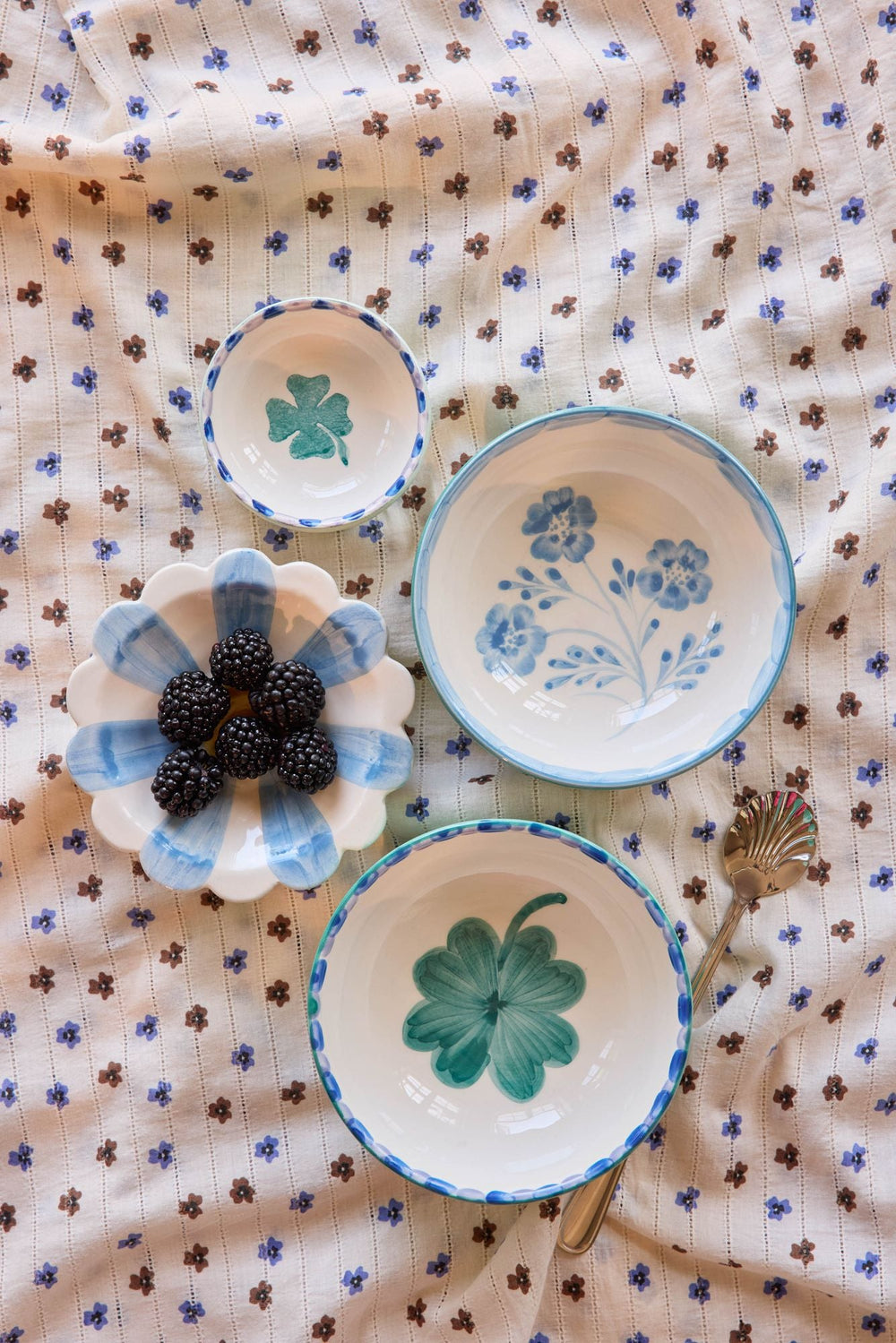 Ceramic Bowl with Hand-painted Blue Flowers - Green - 10.14 oz - Rice By Rice