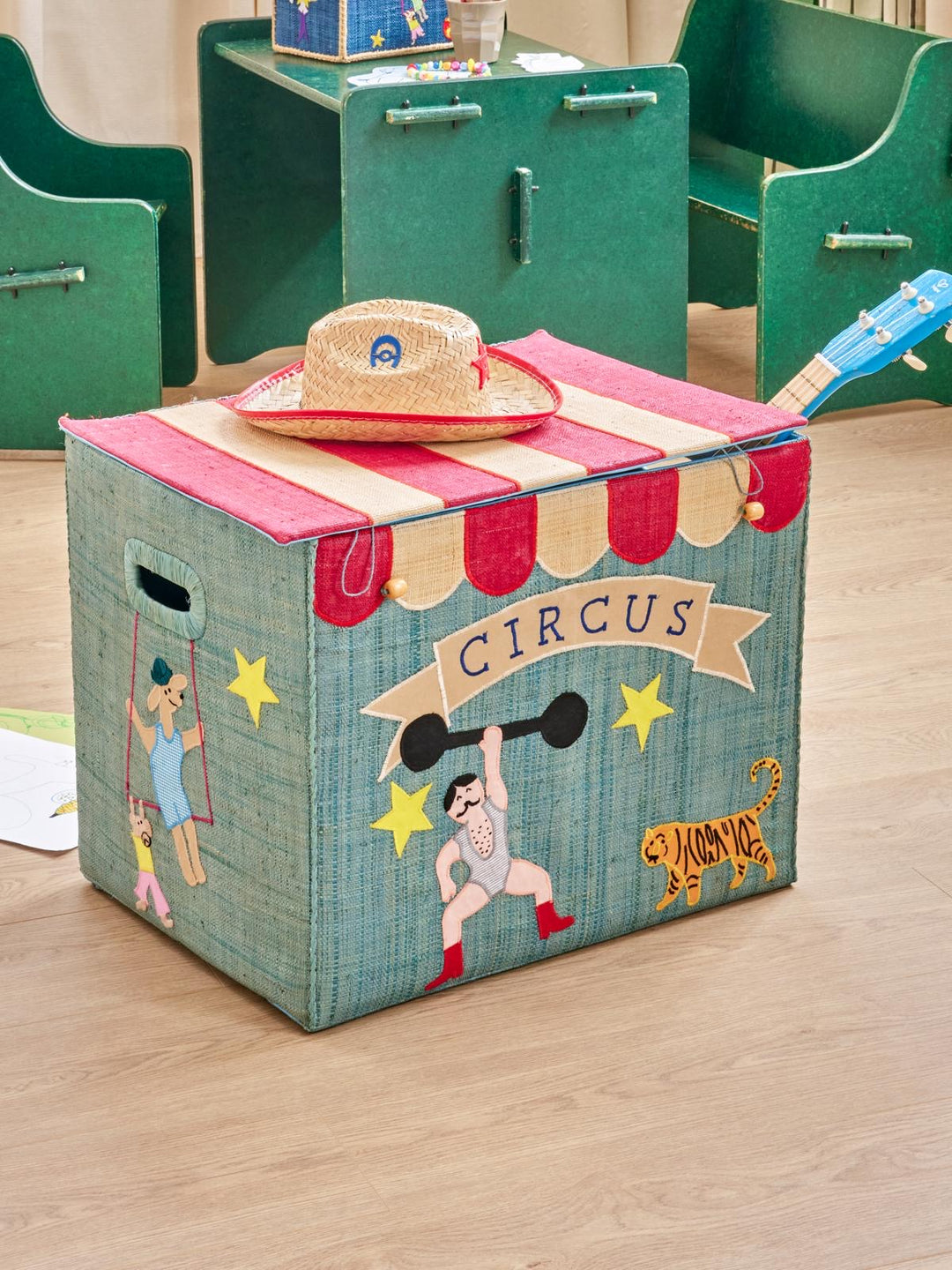 Raffia Storage Box with Circus Theme - Extra Large - Foldable - Rice By Rice