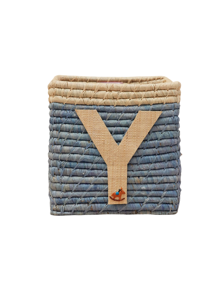 Raffia Basket in Blue with Nature Border with One Raffia Letter - Y - Rice By Rice