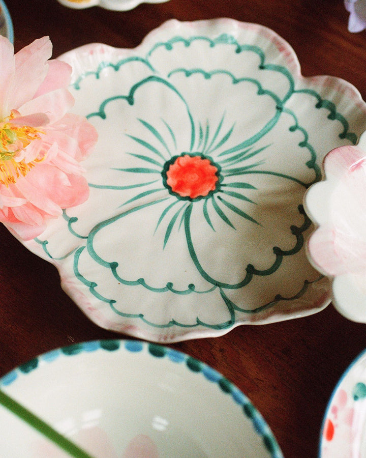 Ceramic Flower Shaped Side Plate with Pink Border - Rice By Rice