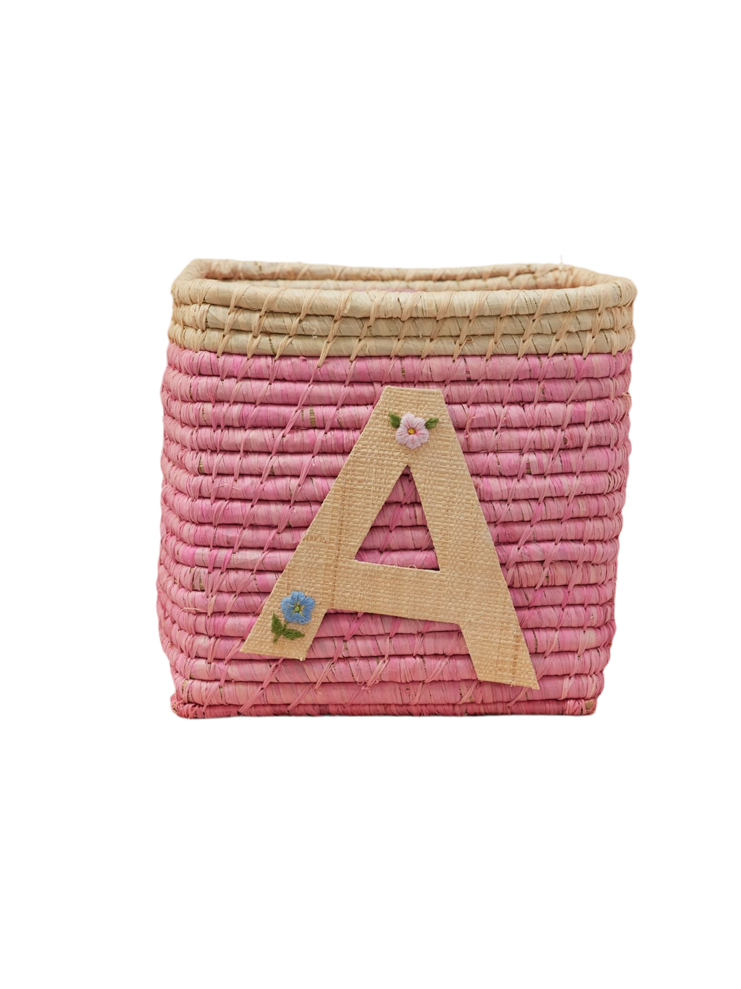 Raffia Basket in Soft Pink in Nature Border with One Raffia Letter - A - Rice By Rice