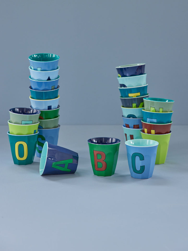 Melamine Cup - Medium with Alphabet in Bluish Colors | Letter V - Rice By Rice