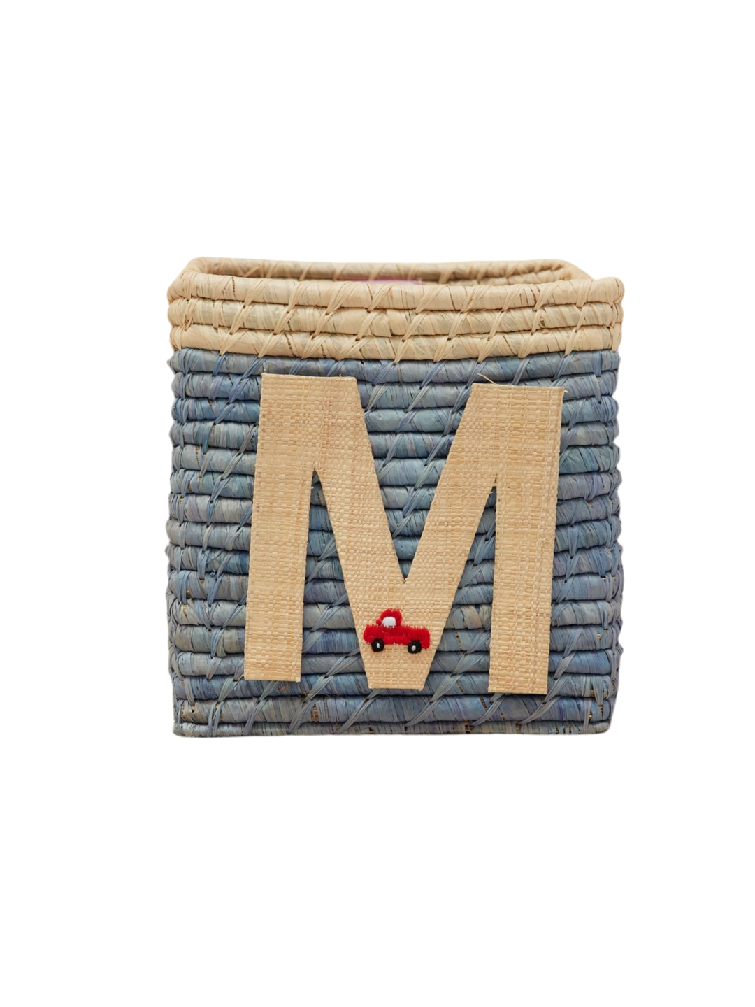 Raffia Basket in Blue with Nature Border with One Raffia Letter - M - Rice By Rice