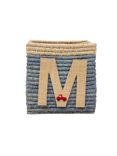 Raffia Basket in Blue with Nature Border with One Raffia Letter - M - Rice By Rice