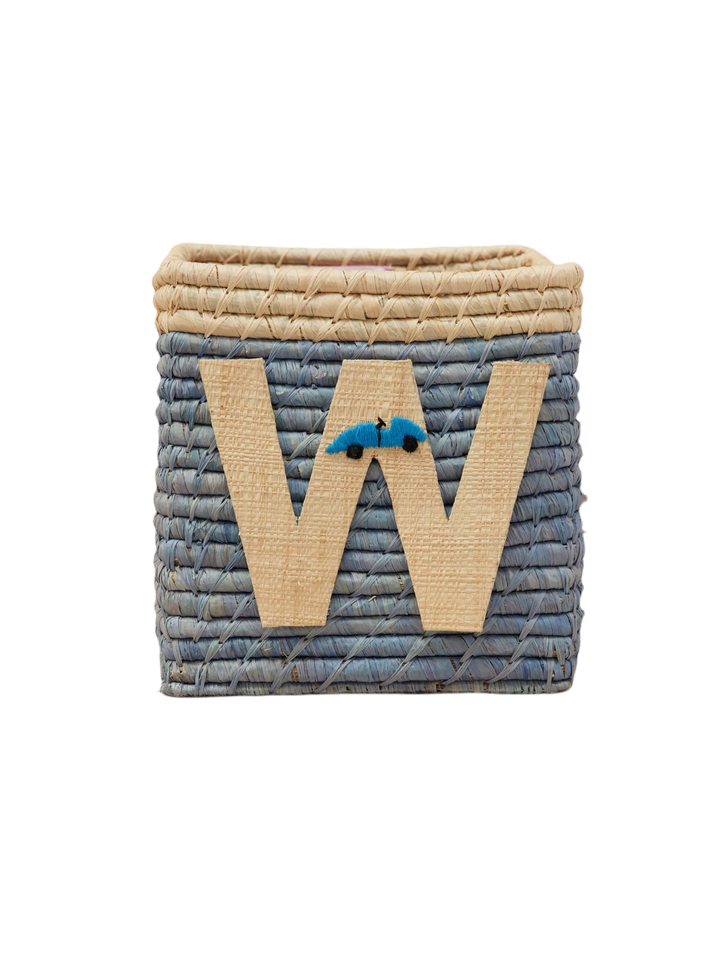 Raffia Basket in Blue with Nature Border with One Raffia Letter - W - Rice By Rice