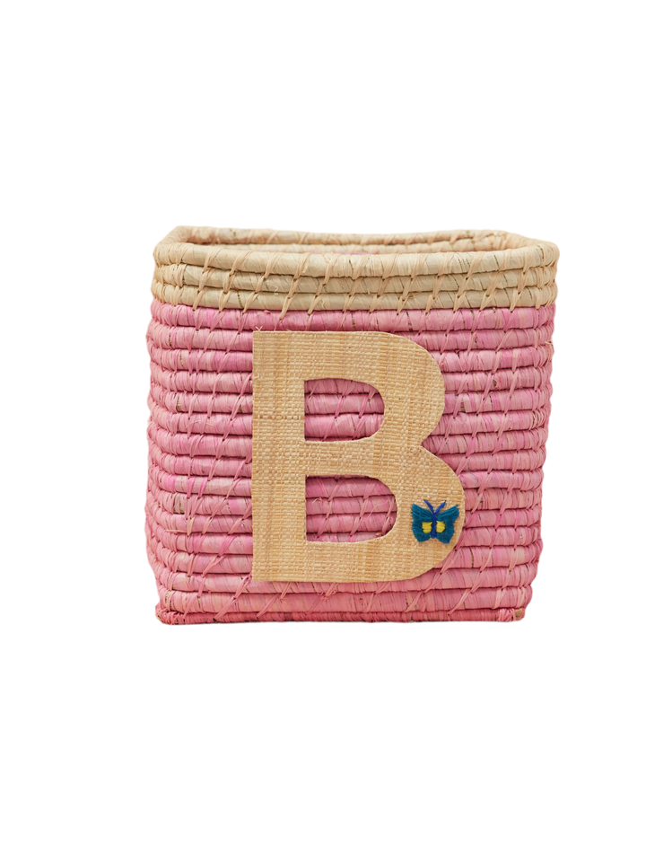 Raffia Basket in Soft Pink in Nature Border with One Raffia Letter - B - Rice By Rice