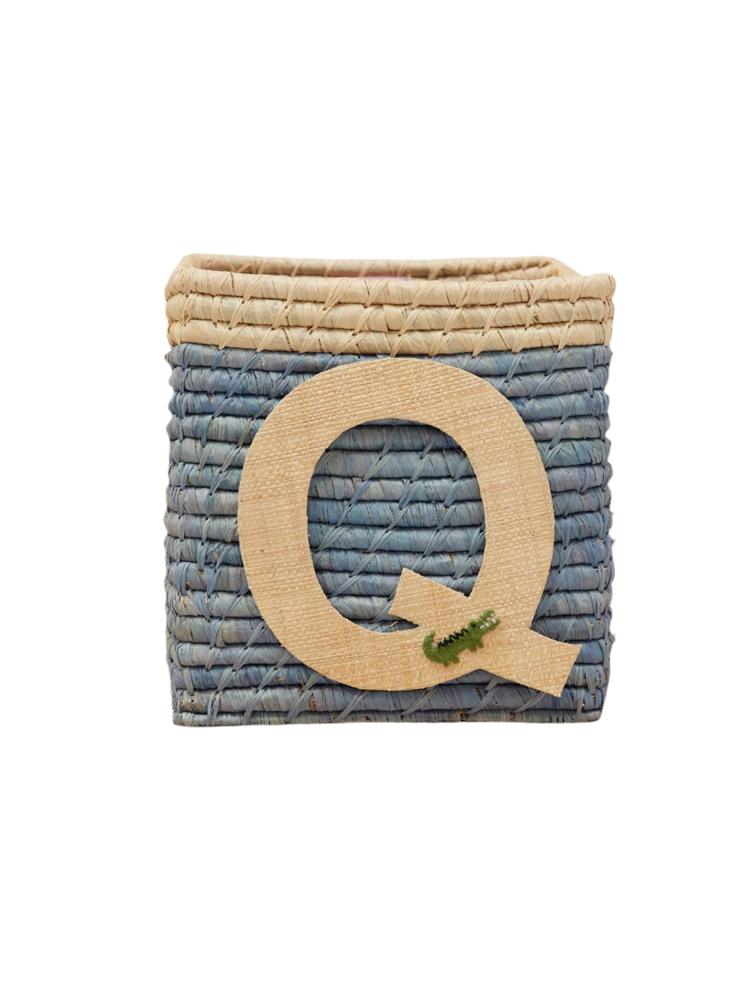 Raffia Basket in Blue with Nature Border with One Raffia Letter - Q - Rice By Rice