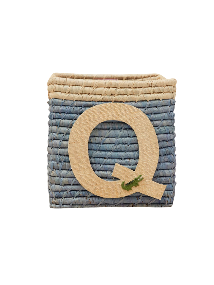 Raffia Basket in Blue with Nature Border with One Raffia Letter - Q - Rice By Rice