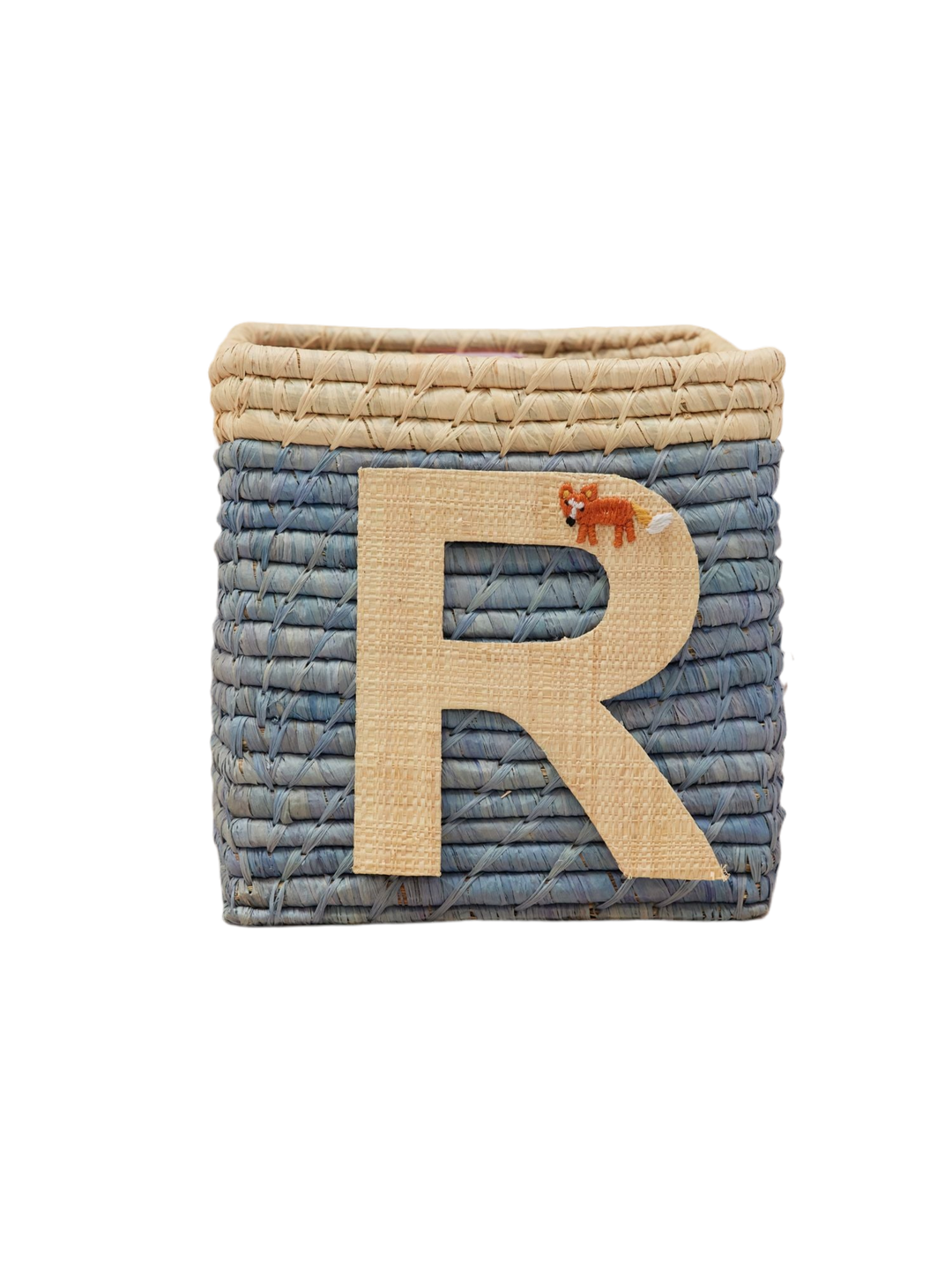 Raffia Basket in Blue with Nature Border with One Raffia Letter - R - Rice By Rice