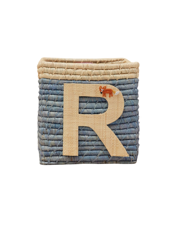 Raffia Basket in Blue with Nature Border with One Raffia Letter - R - Rice By Rice