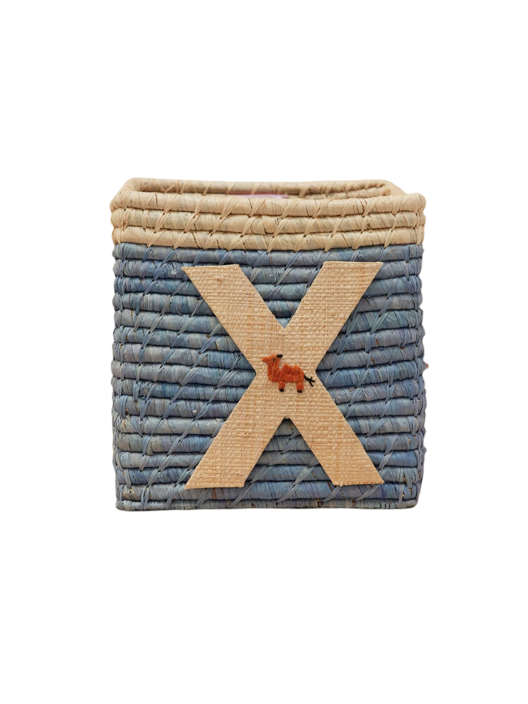 Raffia Basket in Blue with Nature Border with One Raffia Letter - X - Rice By Rice