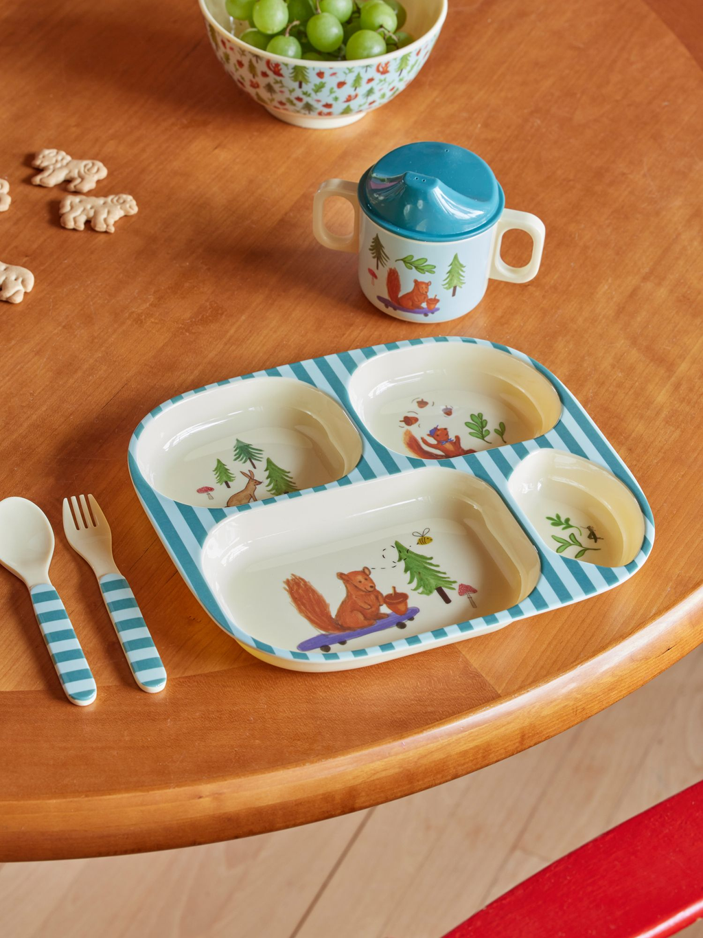 Melamine Baby Dinner Set in Gift Box - Blue Happy Forest Print - 4 pcs - Rice By Rice