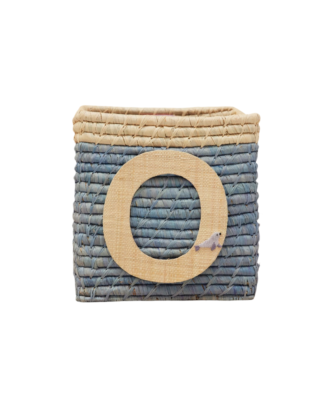 Raffia Basket in Blue with Nature Border with One Raffia Letter - O - Rice By Rice