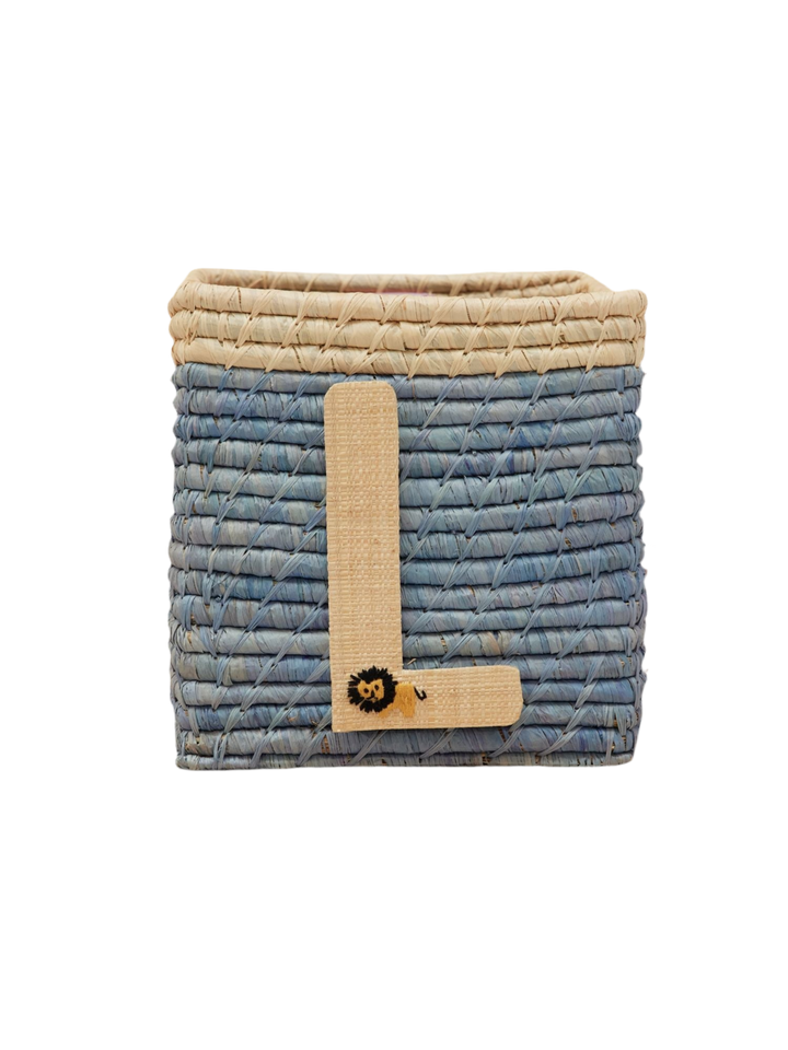 Raffia Basket in Blue with Nature Border with One Raffia Letter - L - Rice By Rice