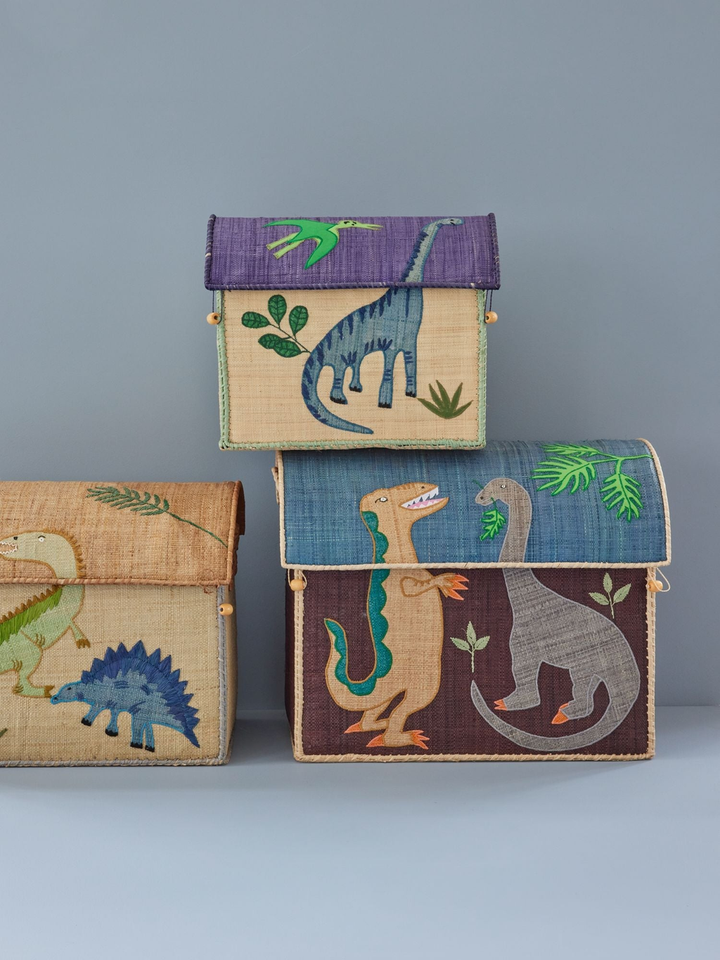 Small Raffia Storage Basket with Dinosaur Theme - Rice By Rice