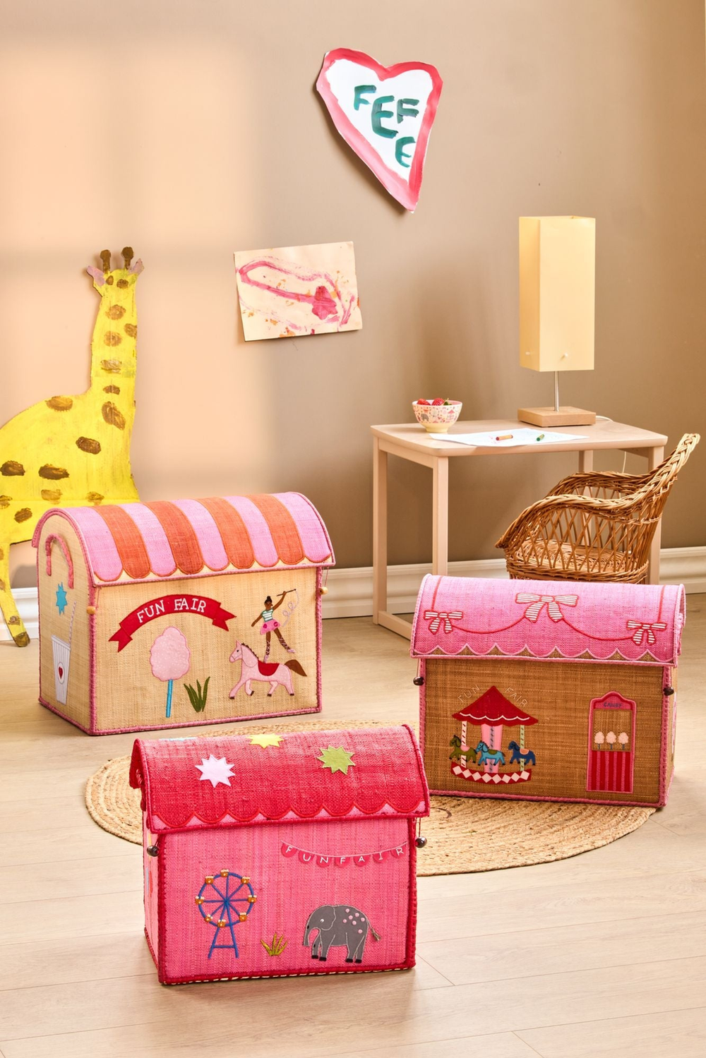 Raffia Storage Baskets Set with Fun Fair Theme - Set of Three - Rice By Rice
