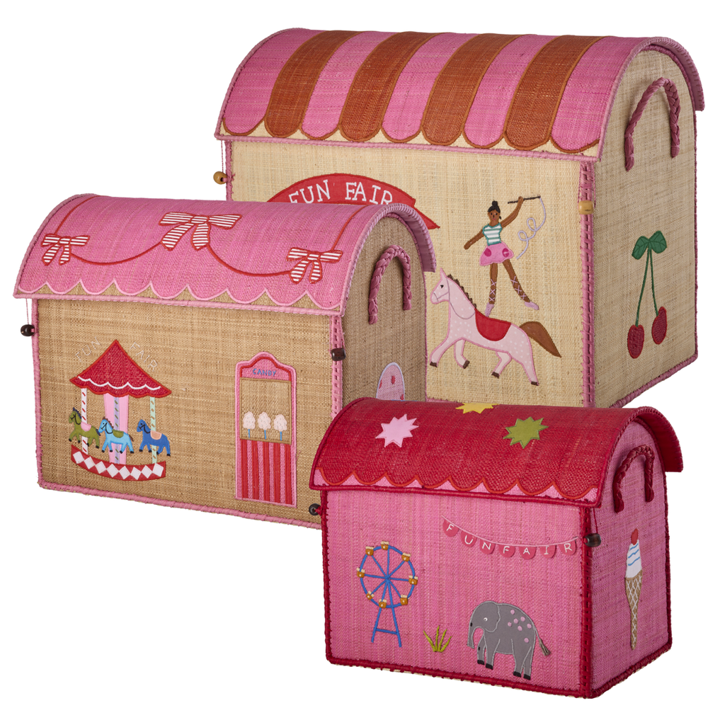 Raffia Storage Baskets Set with Fun Fair Theme - Set of Three - Rice By Rice
