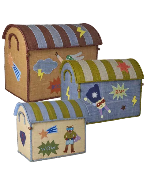 Raffia Toy Baskets with Hero Theme - Blue - Set of 3 - Rice By Rice