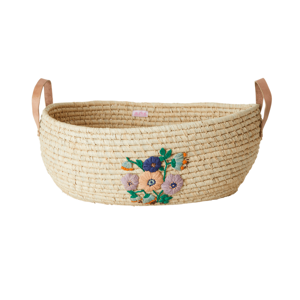 Raffia Big Oval Basket in Nature with Hand painted Embroidered Flowers and Leather Handles - SOLD INDIVIDUALLY - Rice By Rice