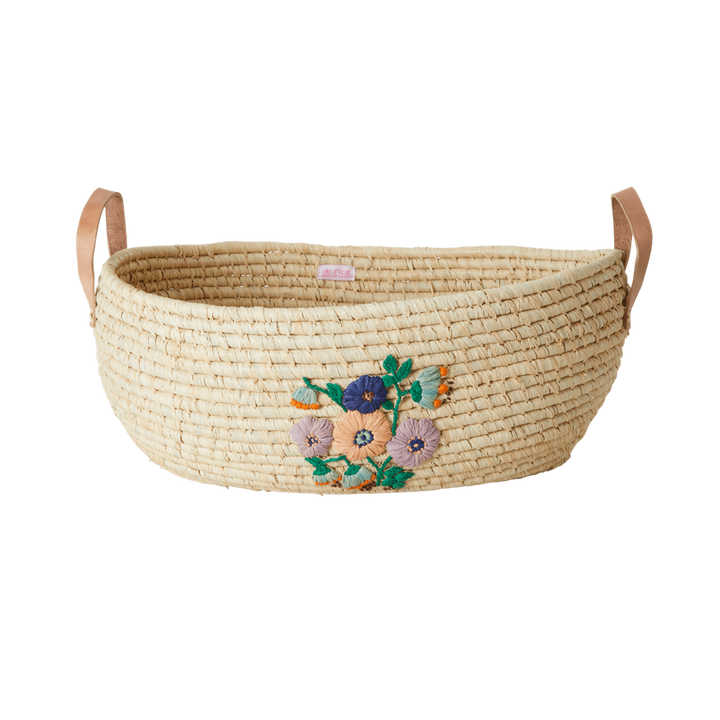 Raffia Big Oval Basket in Nature with Hand painted Embroidered Flowers and Leather Handles - SOLD INDIVIDUALLY - Rice By Rice