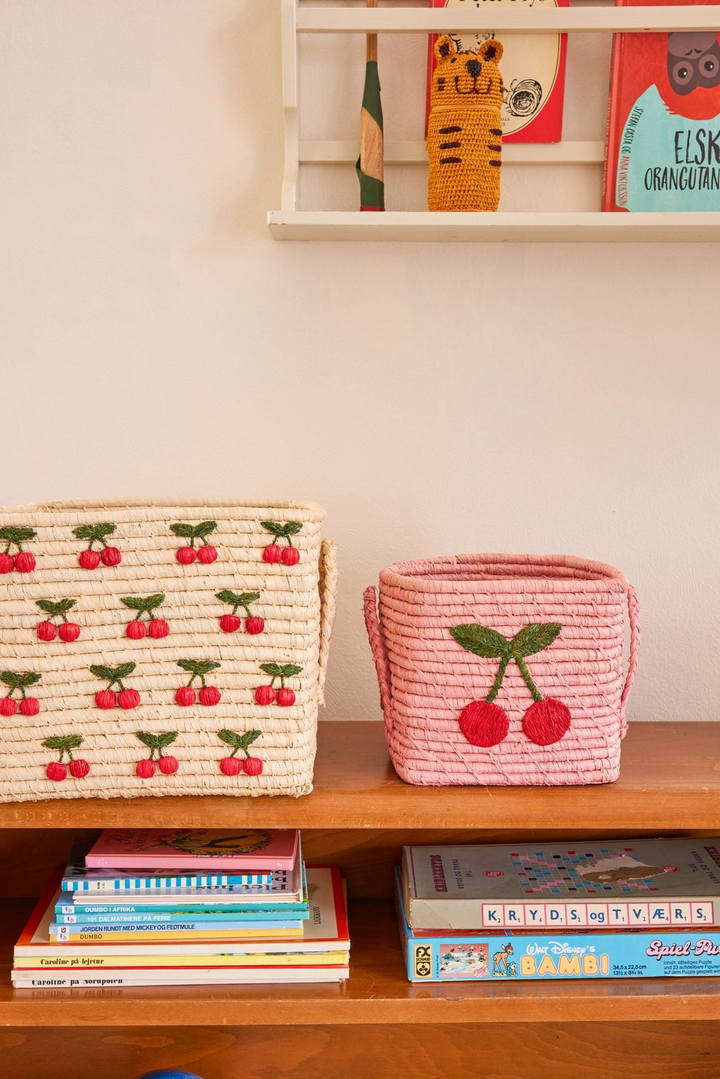 Square Raffia Basket - Pink - Big Cherry Design - Rice By Rice