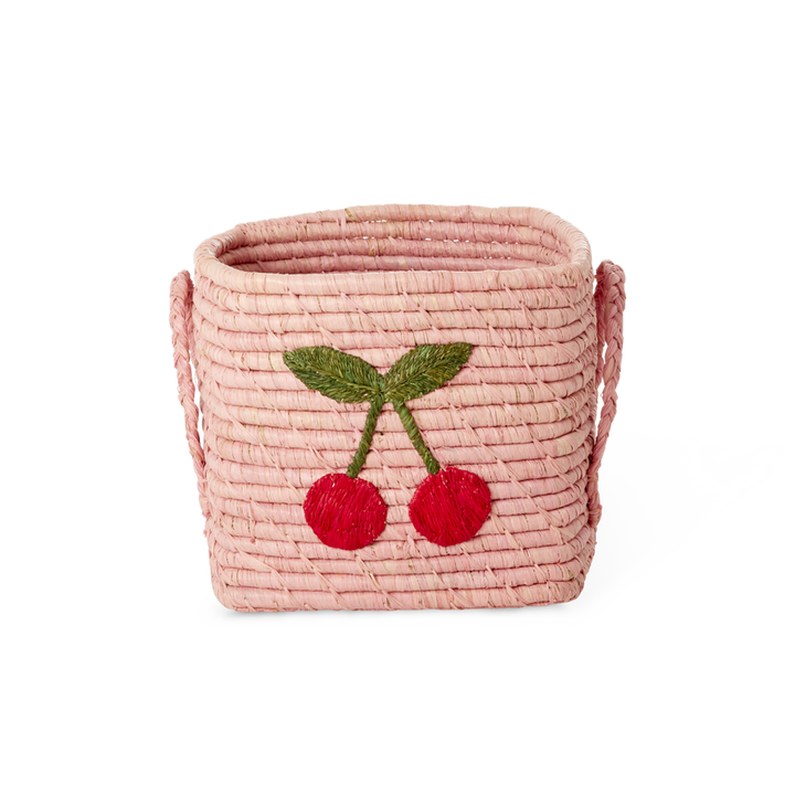 Square Raffia Basket - Pink - Big Cherry Design - Rice By Rice