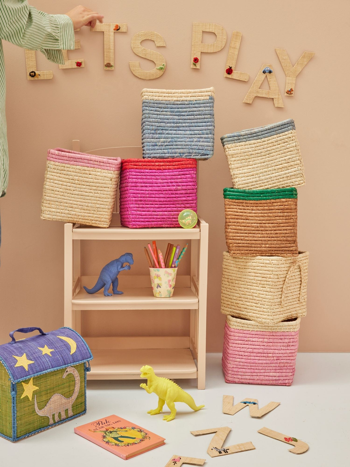 Small Square Raffia Storage Basket with a Blue Top - Rice By Rice