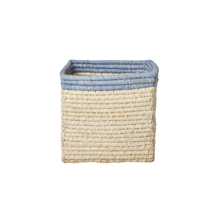 Small Square Raffia Storage Basket with a Blue Top - Rice By Rice