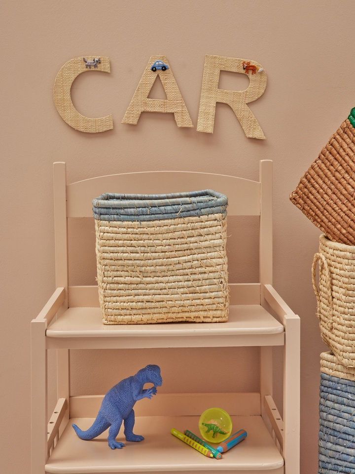 Small Square Raffia Storage Basket with a Blue Top - Rice By Rice