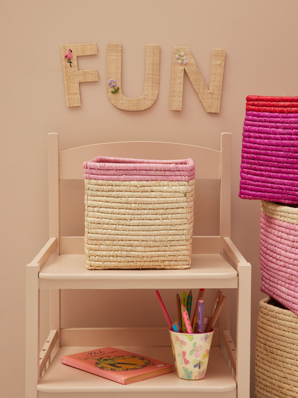 Small Square Raffia Storage Basket with a Pink Top - Rice By Rice