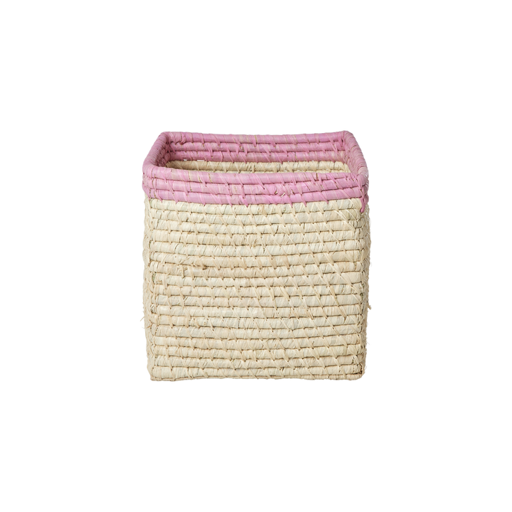 Small Square Raffia Storage Basket with a Pink Top - Rice By Rice