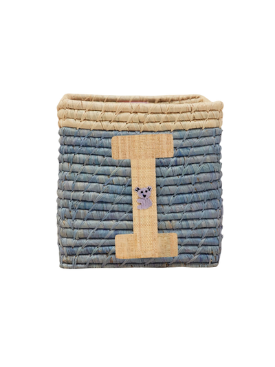 Raffia Basket in Blue with Nature Border with One Raffia Letter - I - Rice By Rice