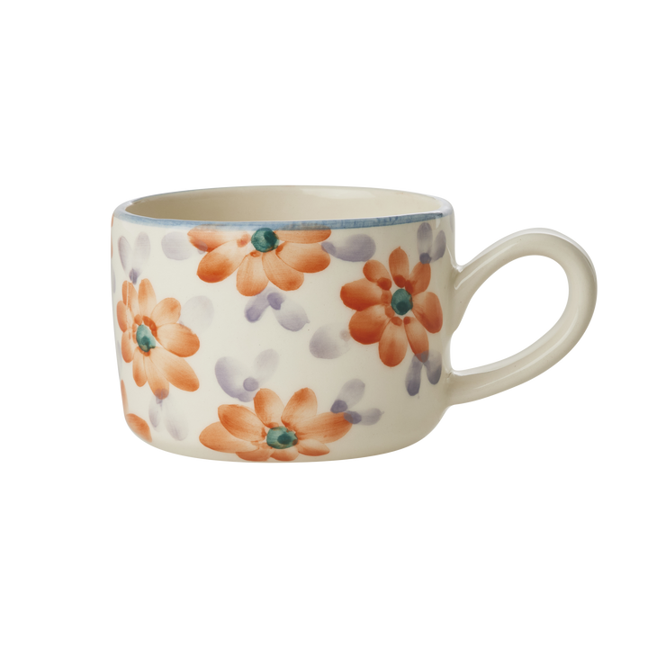 Ceramic Cappuccino Cup with Hand Painted Orange Flowers - 6.7 oz - Rice By Rice