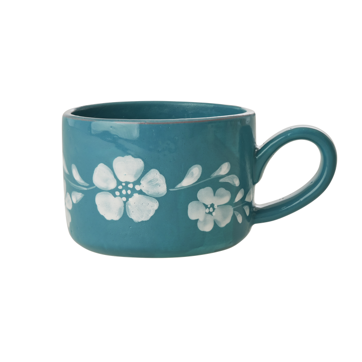 Ceramic Cappuccino Cup with Hand Painted White Flowers Vine - 6.7 oz - Rice By Rice