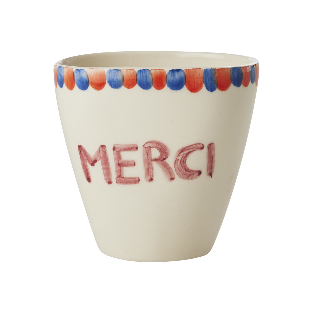 Ceramic Oval Cup with Hand Painted Merci - 10.1 oz - Rice By Rice