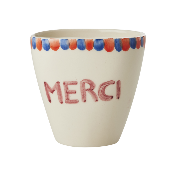 Ceramic Oval Cup with Hand Painted Merci - 10.1 oz - Rice By Rice