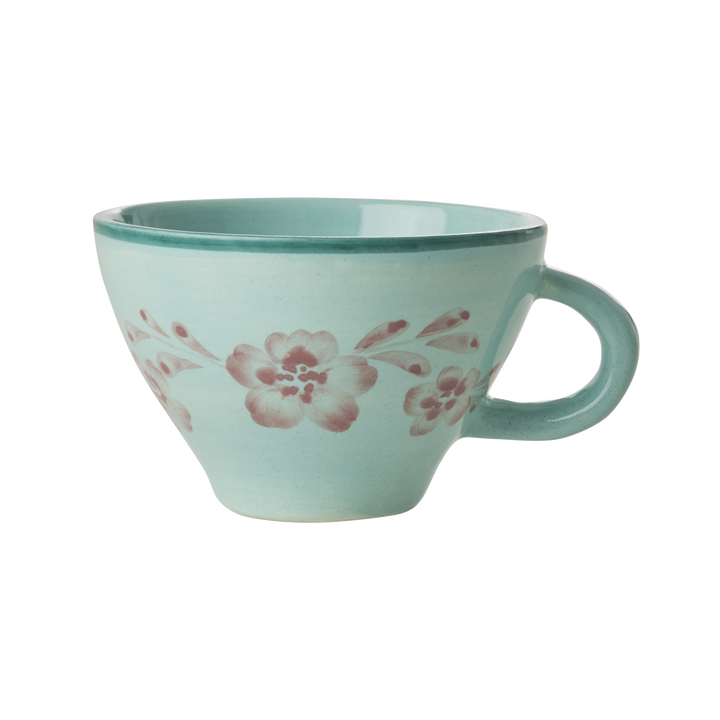 Ceramic Tea Cup with Hand Painted Soft Pink Flower Vine - 5.0 oz - Rice By Rice