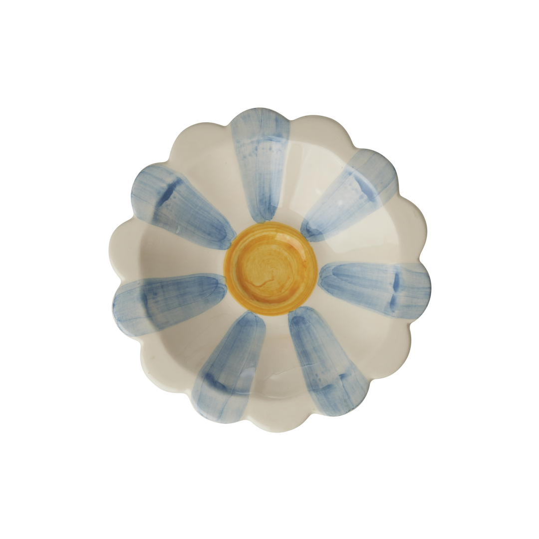 Ceramic Flower Dipping Bowl with Blue Hand Painted Stripes - Rice By Rice