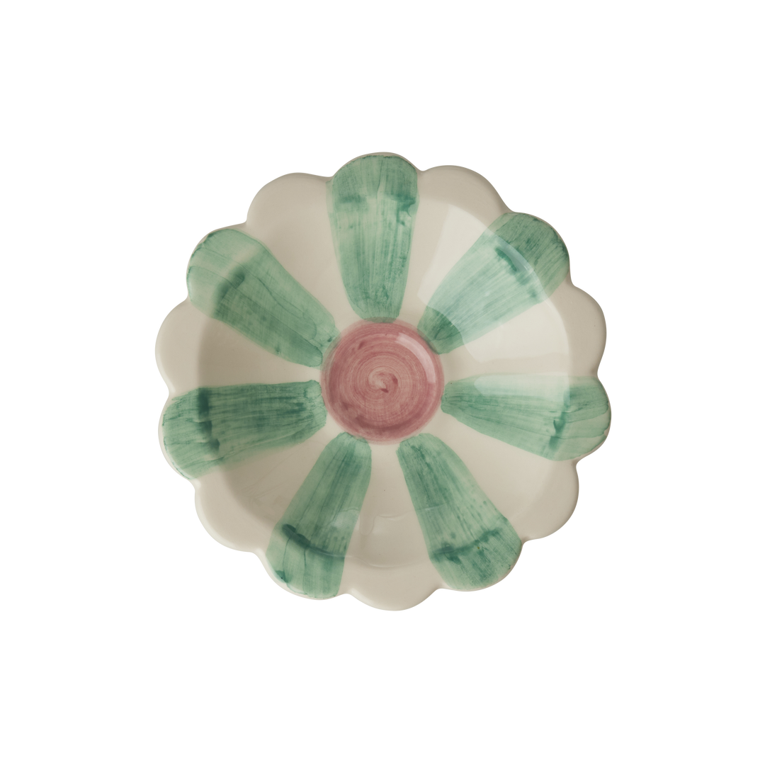 Ceramic Flower Dipping Bowl with Soft Green Hand Painted Stripes - Rice By Rice