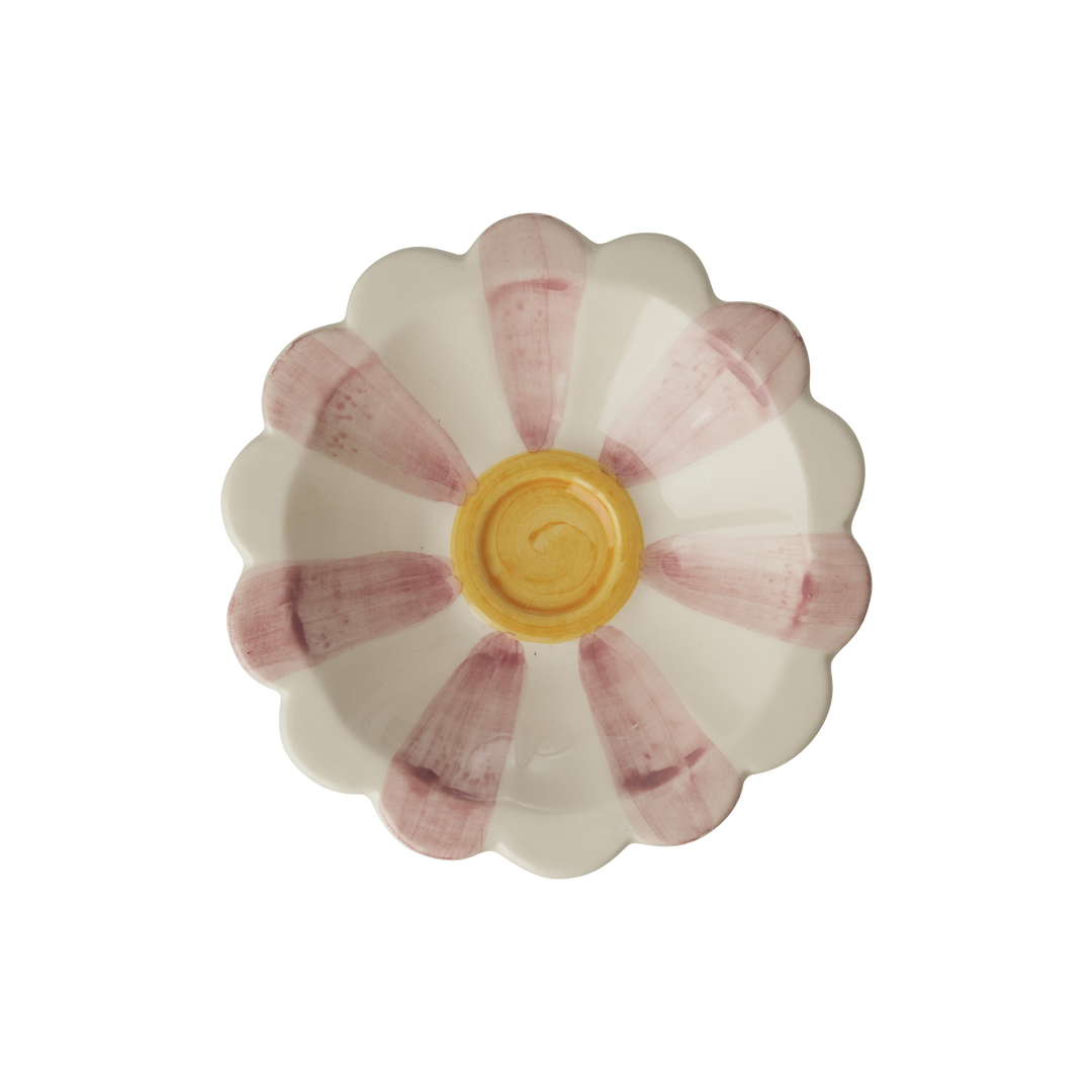 Ceramic Flower Dipping Bowl with Pink Hand Painted Stripes - Rice By Rice