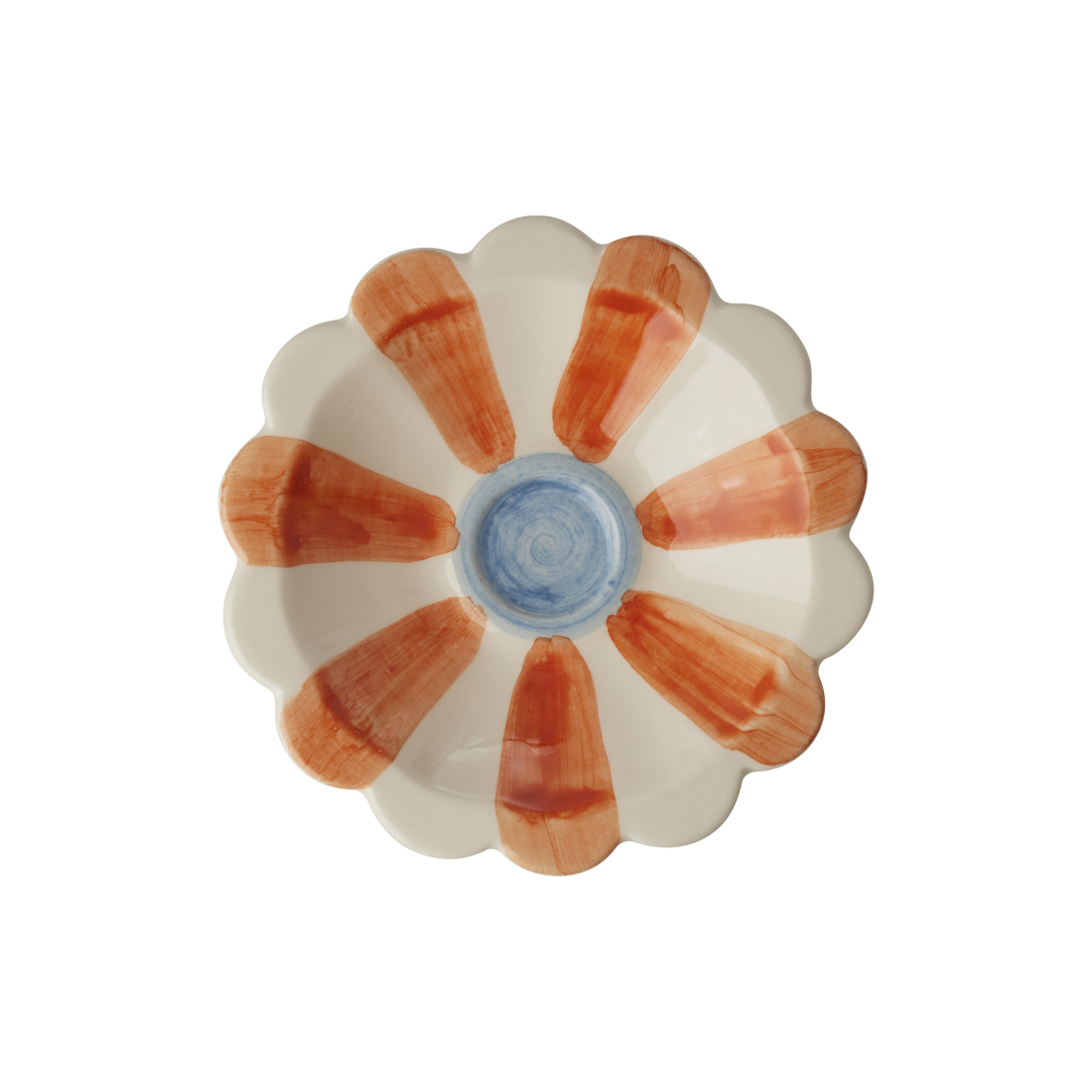 Ceramic Flower Dipping Bowl with Orange Hand Painted Stripes - Rice By Rice