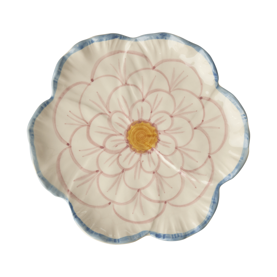 Ceramic Flower Shaped Side Plate with Blue Border - Rice By Rice