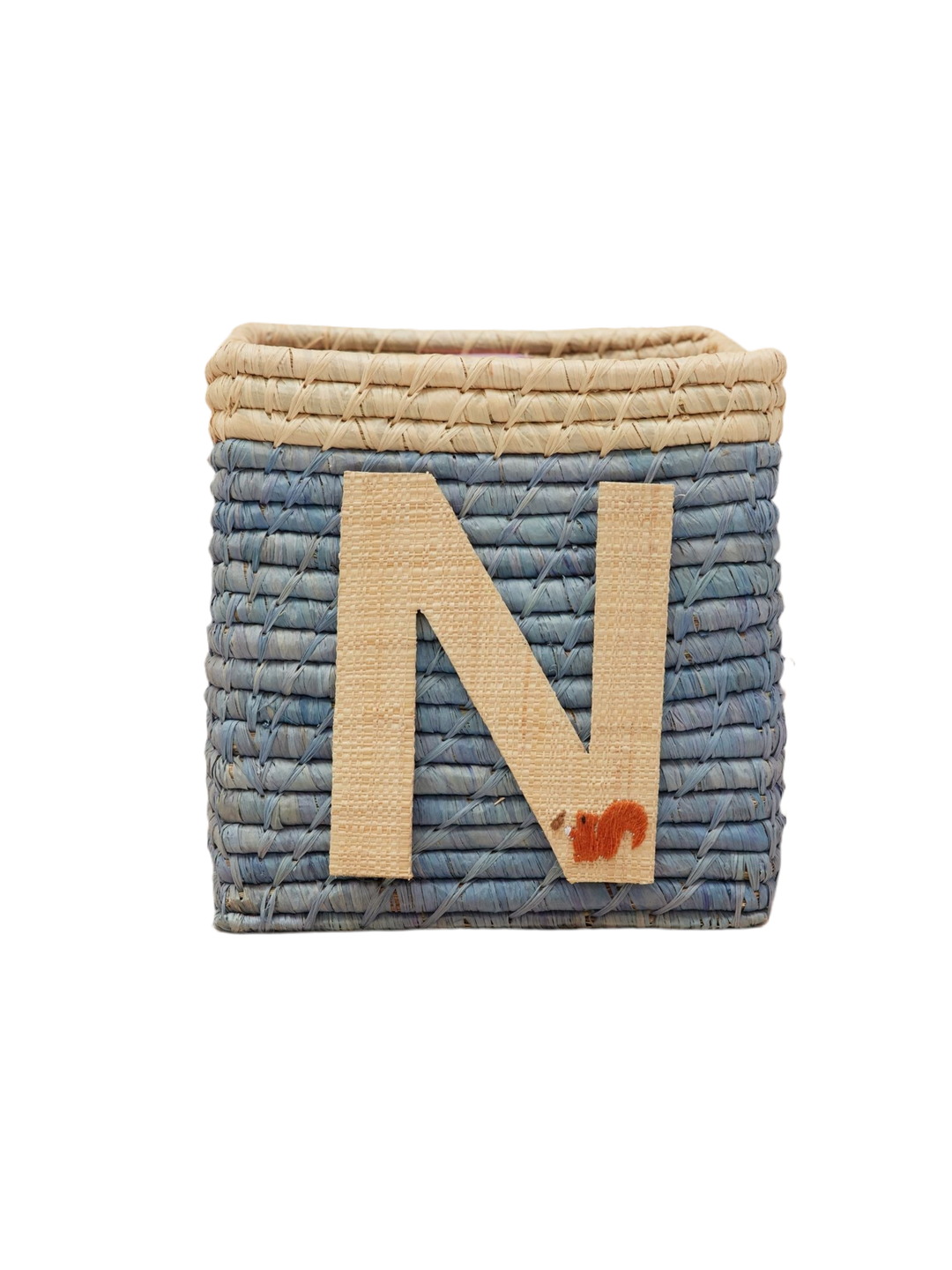 Raffia Basket in Blue with Nature Border with One Raffia Letter - N - Rice By Rice